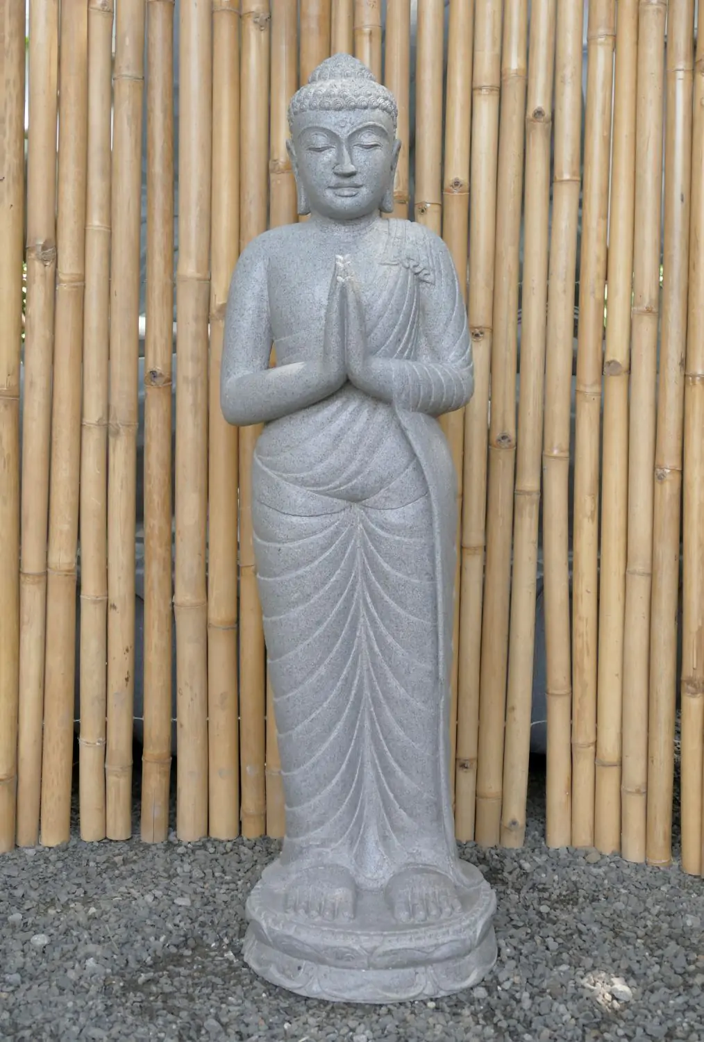  Product image 1 of the product “Standing Buddha made of Riverstone, position Namaskara , H. 120cm. ”